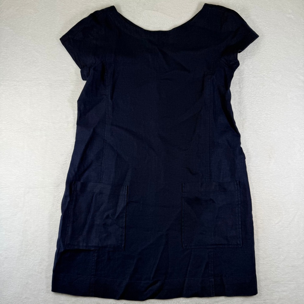 Eileen Fisher Navy Blue 100% Linen Short Sleeve Shift Dress with Pockets Size S